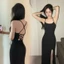 Đầm body hai dây hở lưng, chất liệu vải gân tăm Nữ Women Kem Dress Voi ❧ ✪m☆ ♡ đỏ sang vàng Đen