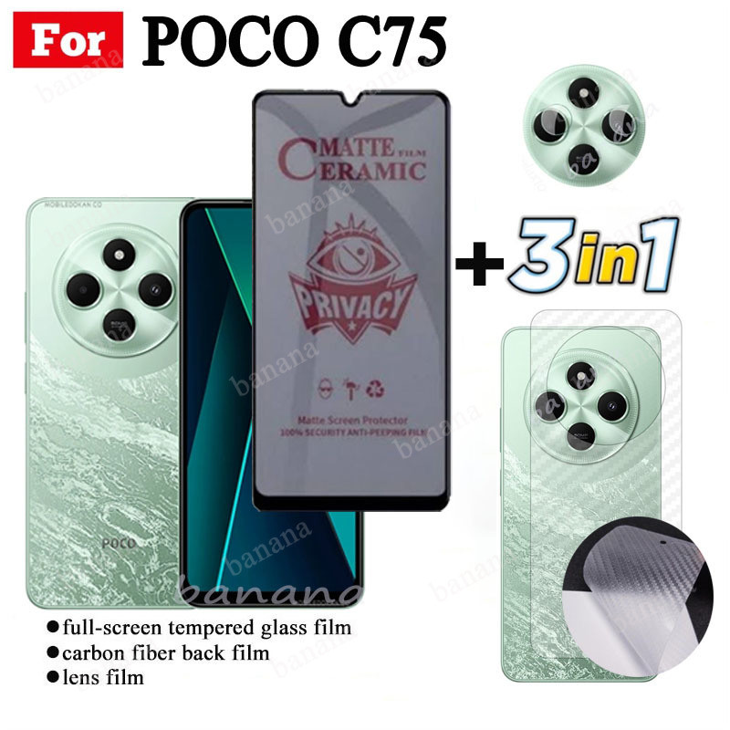 Phim gốm chống gián điệp bảo mật 3 TRONG 1 Poco C75 cho ống kính máy ảnh Poco C65 C61 Kính bảo vệ màn hình và phim mặt sau