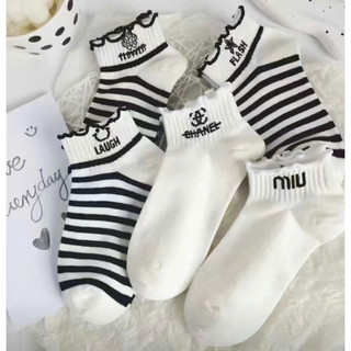 Sét 5 tất nữ cổ ngắn màu sọc đen trắng cotton Hàn Quốc dễ thương cổ nhún