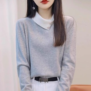 Màu Sắc Tương Phản Áo Len Dài Tay Top Nữ Thu Đông Áo Len Cao Cấp Mặc Ngoài Phong Cách Phương Tây Giảm Tuổi Ve Áo Đáy