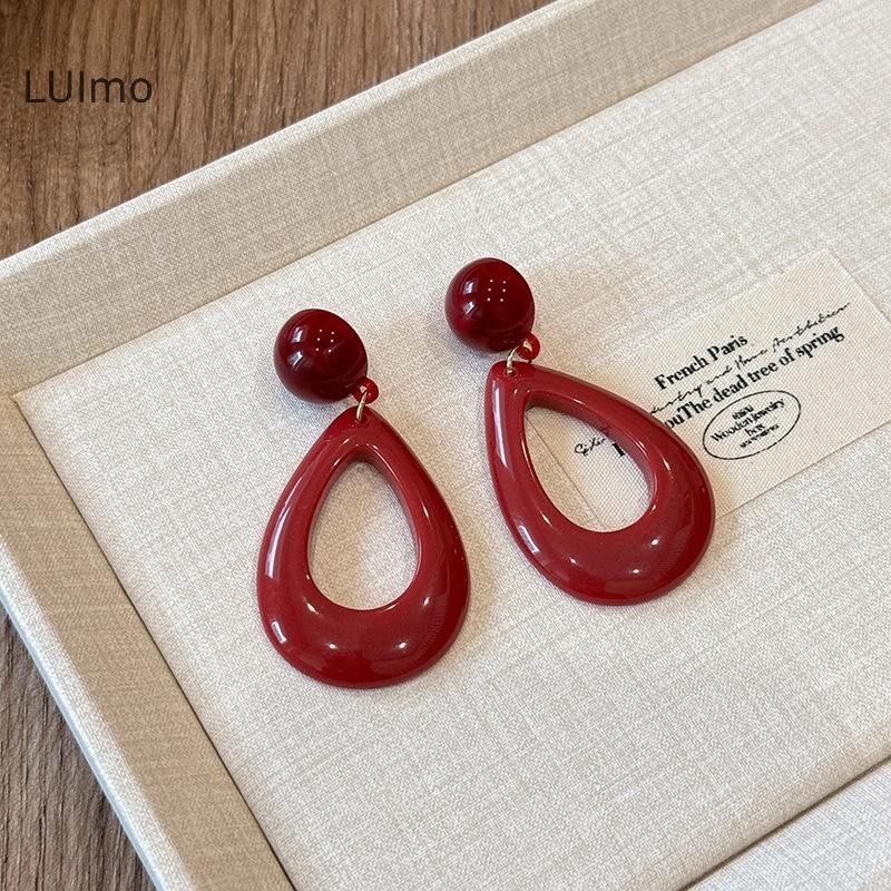 Luimo Ankela Nơ Đỏ Vintage Bông Tai Nữ Hàn Quốc INS Thu Đông Đơn Giản Hình Học SBS