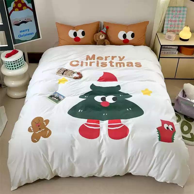 ST2 Giáng Sinh Bánh Gừng Người Cây 3IN1 Ga Trải Giường Chăn Vỏ Gối Bộ Chăn Ga Gối Nhà Phòng Ngủ Phù Hợp Với TS2
