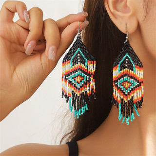 1 đôi bông tai tua rua dài hạt gạo cổ điển dành cho nữ, bông tai dệt thủ công Bohemian