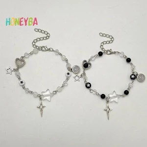 < Honeyba > Vòng Tay Cặp Đôi Y2K Hợp Thời Trang Mới Cho Nữ Cô Gái Rỗng Pentagram Guitar Mặt Dây Chuyền Đính Hạt Vòng Tay Bạn Bè Món Quà Trang Sức