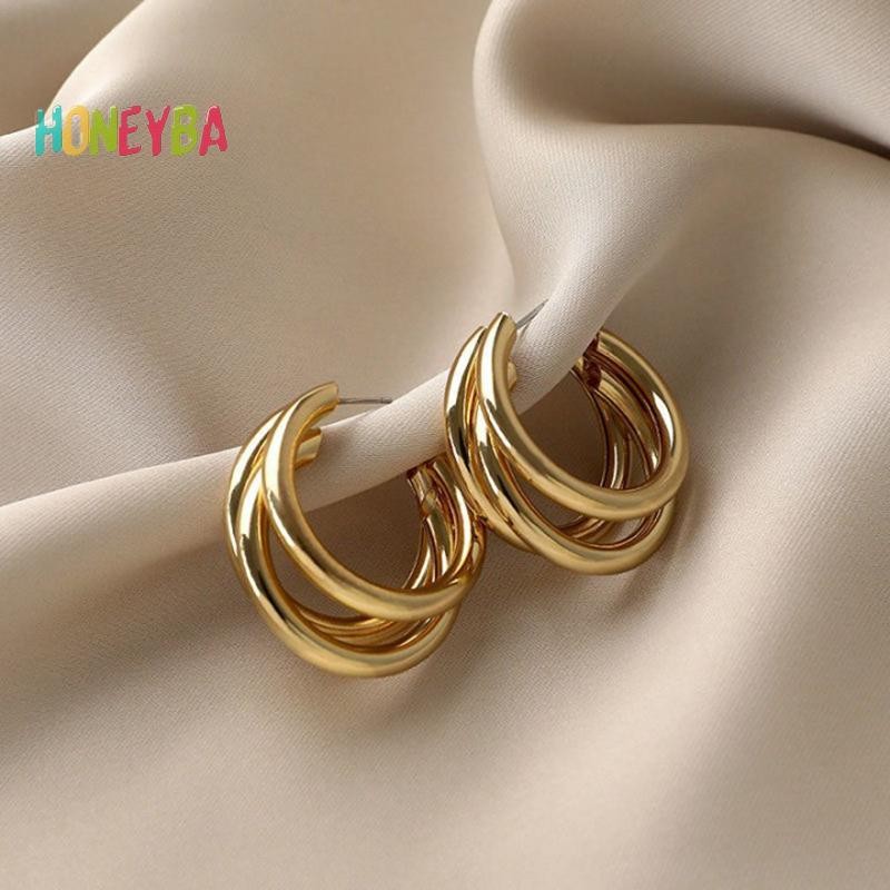 < Honeyba > 1 Đôi Bông Tai Bông Tai Hình Học Phóng Đại Kim Loại Cho Nữ Cô Gái Tính Khí Thời Trang Trang Trang Sức Dự Tiệc Phụ Kiện Đơn Giản