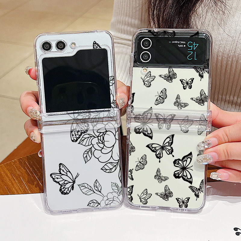 Bướm In Hoa Trong Suốt Vỏ Điện Thoại Cho Samsung Galaxy Z Flip 6 Flip 5 Flip 4 5G Full Bản Lề Cứng PC Gấp Bao Cho Samsung Z Flip 6 5 4 3