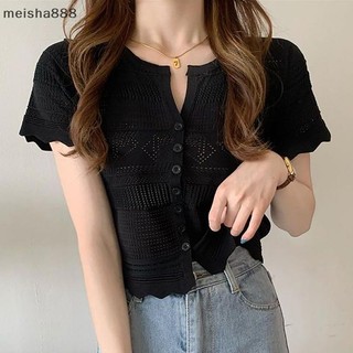 Meisha888 Mùa Hè Hàn Quốc Rỗng Ra Dệt Kim Áo Thun Nữ Cổ Chữ V Tay Ngắn Ôm Crop Top Đẹp