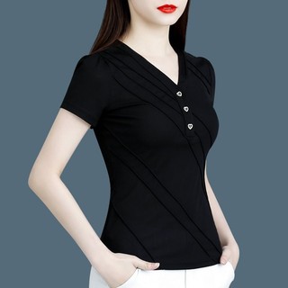 Đen Thời Trang Cao Cấp Top Nữ Cổ Chữ v Ice Silk Áo Thun Ngắn Tay Mùa Hè 2025 Phong Cách Mới Sang Trọng Nửa Tay