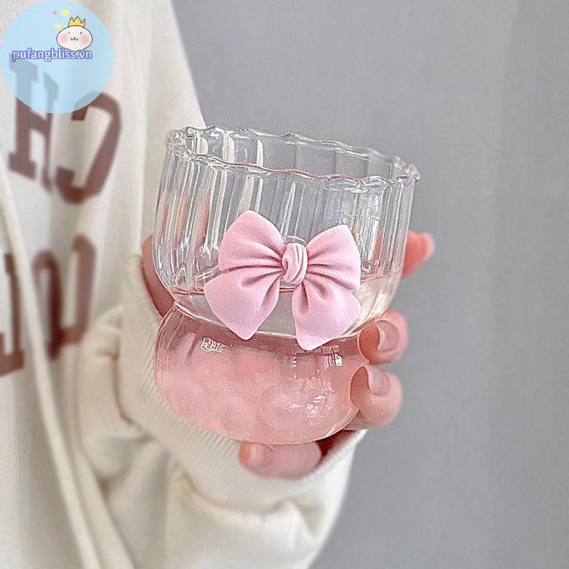 Pufangbliss Nơ Hồng Thủy Tinh Dễ Thương Cốc Nước Hoạt Hình Nơ Cốc Thủy Tinh Sọc Dễ Thương Doodle Cốc Cà Phê Hộ Gia Đình Trà Trái Cây Nước chanh Bé Gái Quà Tặng VN