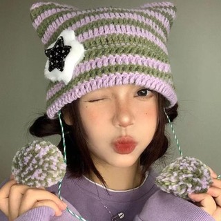 Mũ Beanie WEAVELYF Y2K sọc ngôi sao quỷ đáng yêu, móc len hình mèo, phù hợp cho mùa thu đông