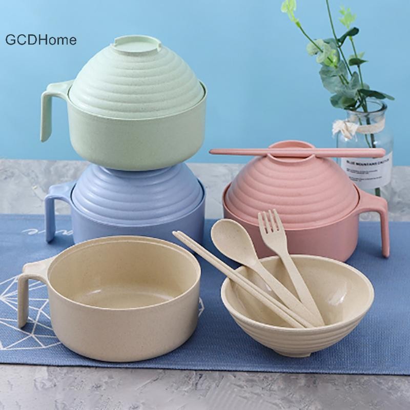 Gcdhome 5 Chiếc Rơm Lúa Mì al Có Nắp Bát Thìa Nĩa Eag Bộ Đồ Ăn Bát Chống HẤP DẪN Bát Microwavable HOT