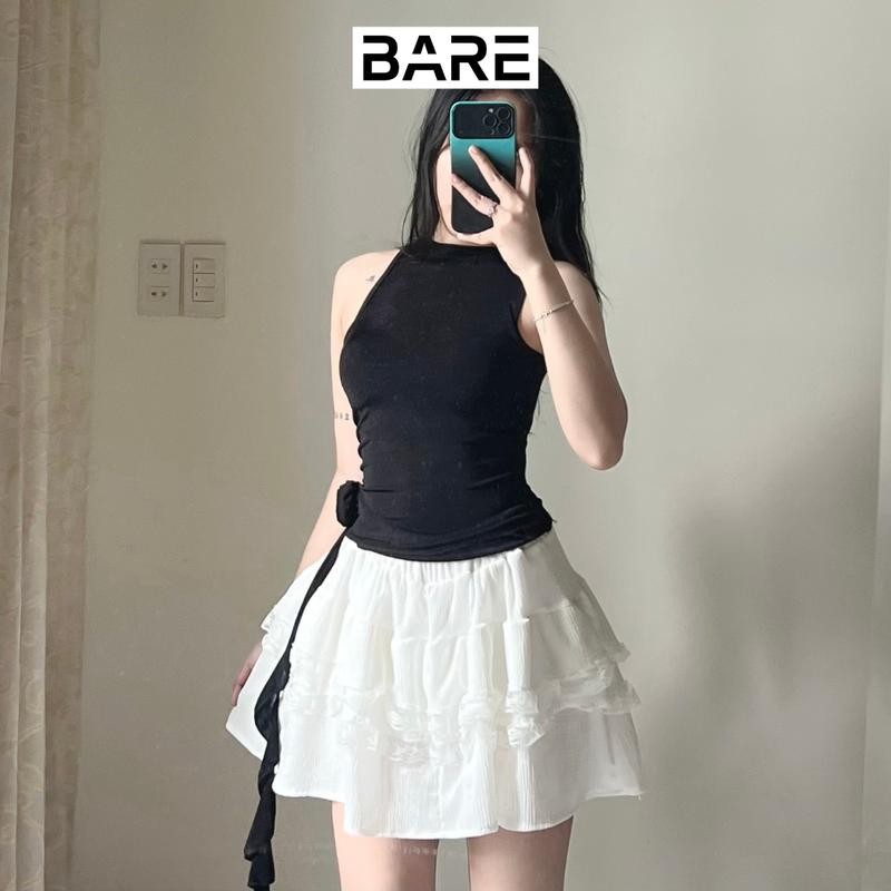 BARE.Y2K_Áo Thun Sát Nách Đính Hoa Có Lớp Lót Chất Dệt Nhũ_A275 Nữ Women Top Thun Voi Cotton Jean Cổ Tròn Ong Voan
