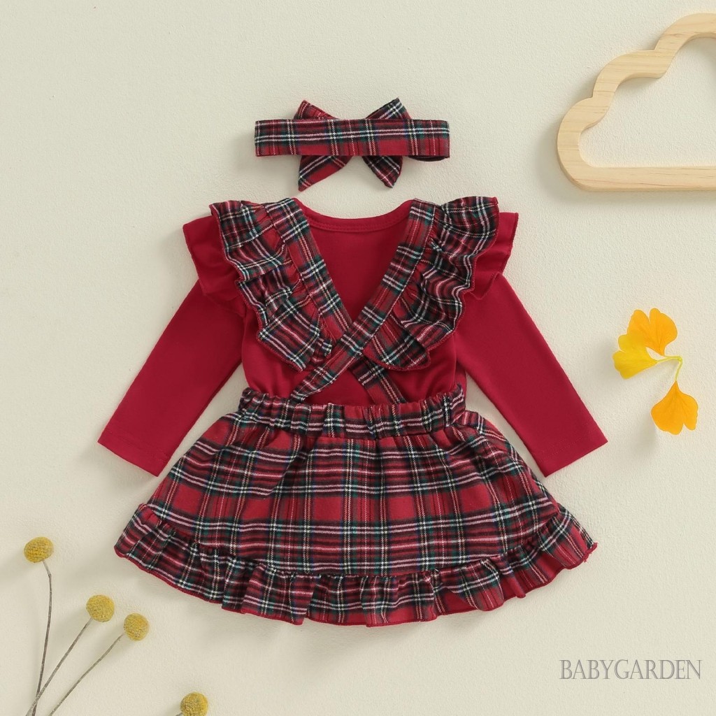 / / -Bộ Quần áo Giáng sinh cho bé gái sơ sinh Áo liền quần tay bay + Váy treo kẻ sọc + Băng đô