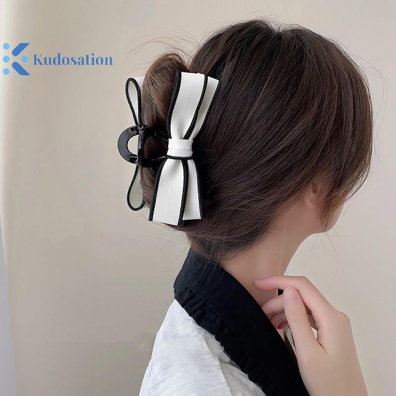 Kudosation Phong Cách Pháp Da Đơn Giản Đen Trắng Sọc Nơ Kẹp Dành Cho Bé Gái Thắt Nút Hợp Thời Trang Kẹp Tóc Đuôi Ngựa Giá Đỡ Móng Vuốt Tóc