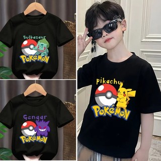 Dòng Pokemon hoạt hình màu đen nguyên chất Áo thun Pikachu in hình thời trang quần áo ngắn tay hàng ngày dành cho trẻ em