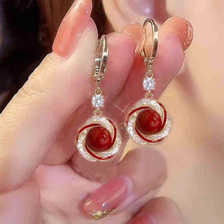 Pháp Nhẹ Nhàng Đính Kim Cương Anh Đào Ngọc Trai Đỏ Thiết Kế Khóa Tai Cảm Giác Tinh Tế Thời Trang Thanh Lịch Hợp Thời Trang Bông Tai