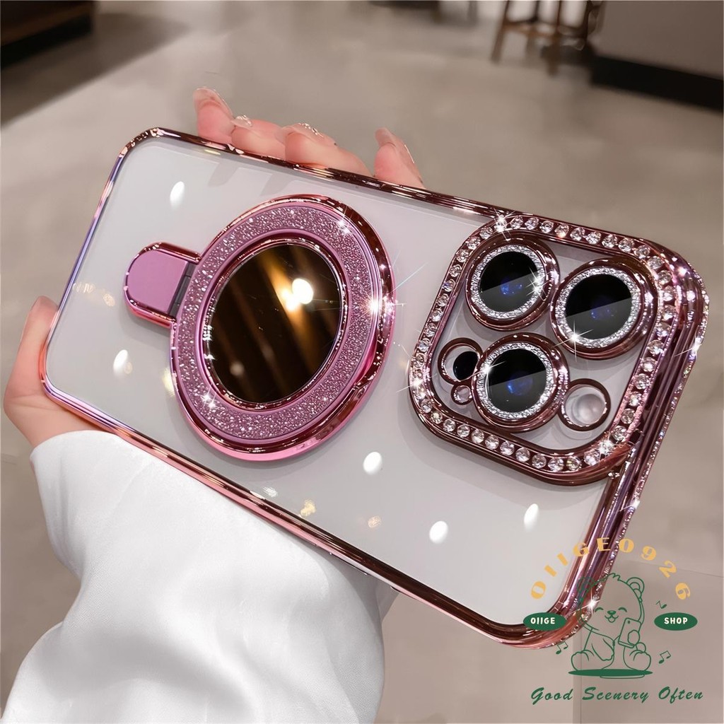 Kim Cương Mạ Gương Từ Giá Đỡ Ốp Lưng Điện Thoại iphone16 Pro Max 15 14 13 12 11 Vỏ Cho iPhone Vỏ Silicon Mềm TPU Chống Sốc