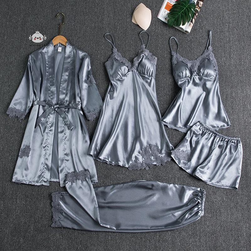 Maybest 5PC Áo choàng lụa Bộ đồ ngủ cho nữ Ren Satin Bộ đồ ngủ Bộ áo choàng cổ chữ V Cami Nighties Mặc Pijama Home Váy ngủ mùa xuân {VN}