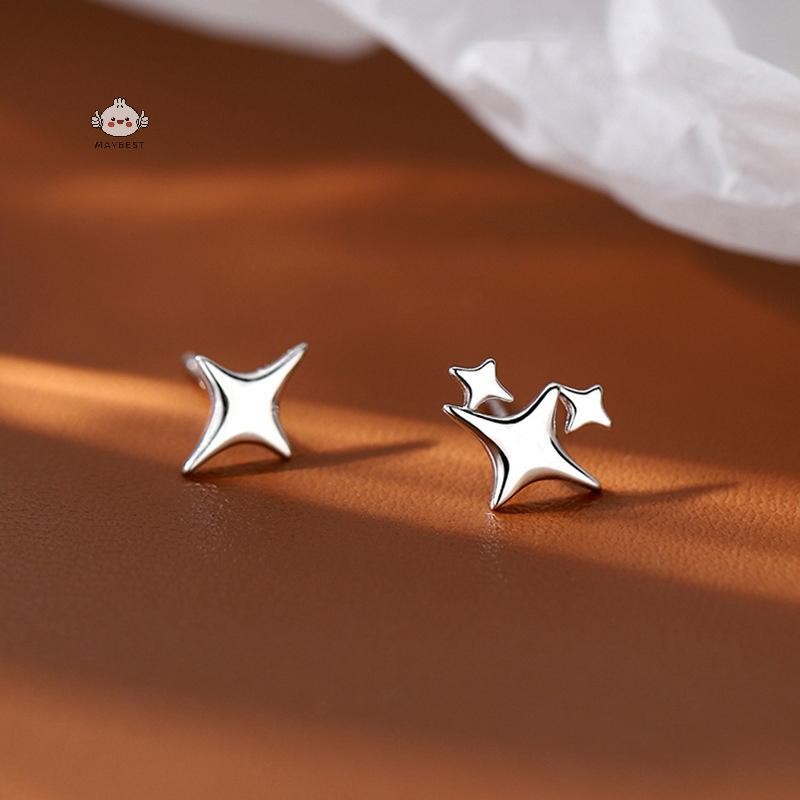 Maybest 1 Đôi Bông tai hình ngôi sao bạc thời trang Zircon dành cho nữ Cô gái Hàn Quốc Ngôi sao bốn cánh Bông tai cá tính Trang sức {VN}