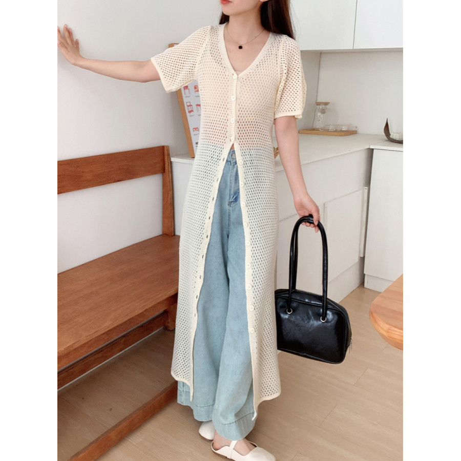 SUXI Áo len dệt kim dài tay ngắn rỗng dài tay mùa hè mới dành cho nữ 250411
