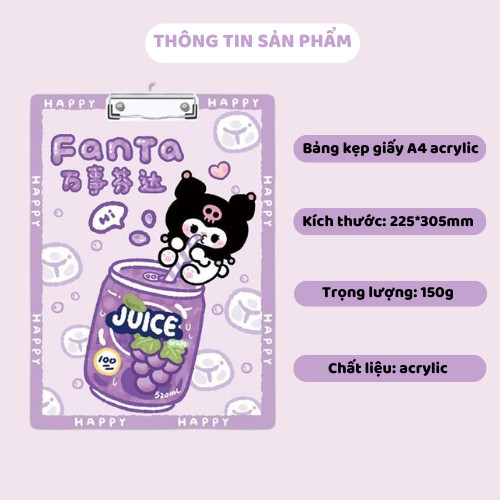 Bảng kẹp tài liệu trong suốt A4 bìa cứng, bản kẹp giấy acrylic họa tiết Kuromi dễ thương