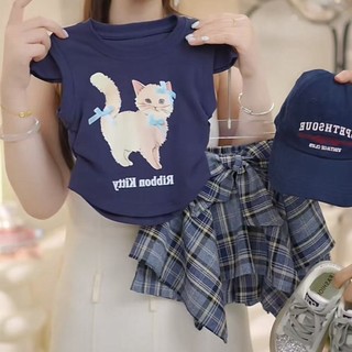 Trang phục bé gái 2025 mới mùa hè, bộ vest dễ thương cho bé gái, váy kẻ sọc và quần, bộ hai mảnh
