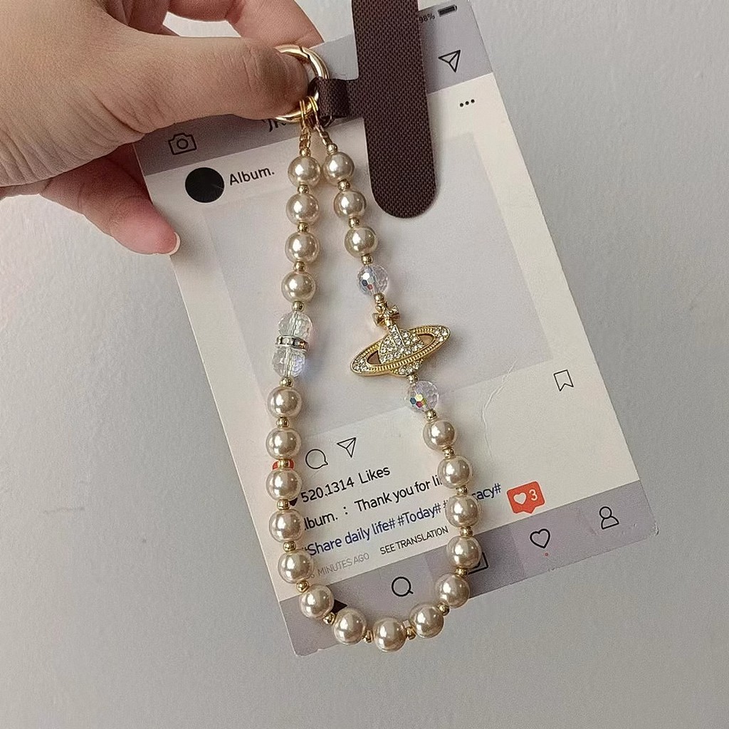 [3676 Bộ sưu tập người] Ánh sáng sang trọng cao cấp nhấp nháy kim cương Saturn Pearl Dây chuyền điện thoại di động diy Đính cườm cổ tay ngắn Dây chuyền túi Niche tinh tế Mặt dây chuyền