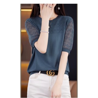 Áo thun ngắn tay dáng rộng mùa hè 2025 Áo dệt kim nữ thời trang hàng đầu Ice Silk Áo sơ mi nhỏ