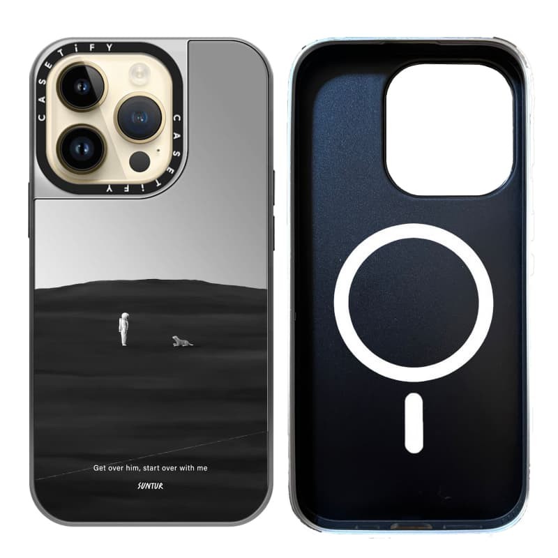 CASETiFY X Suntur Hãy vượt qua anh ấy, bắt đầu lại với tôi Vỏ IPhone gương đen & bạc hút từ tính IPhone 16 15 14 13 12 Pro Max Plus Ốp điện thoại cứng có hộp khắc logo