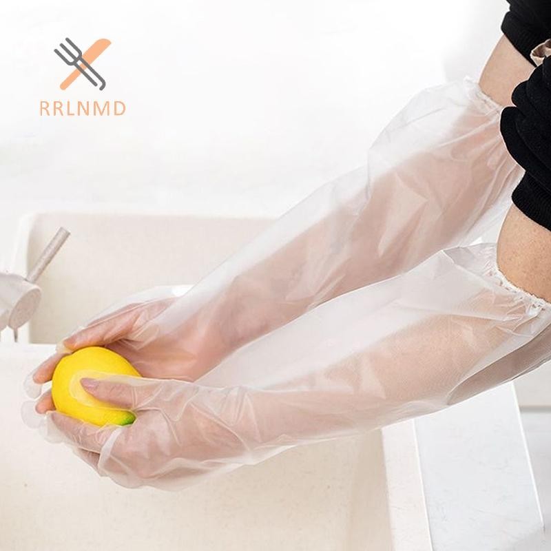 Rrlnmd 10 Cái / túi Găng Tay Bảo Vệ Tay Dùng Một Lần Nhà Bếp Vệ Sinh Hộ Gia Đình Chống Thấm Nước Dây Rút Co Giãn Kéo Dài PE Găng Tay Tay Tay Dài MỚI