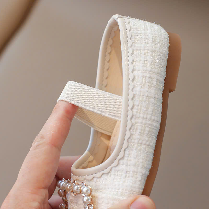 giày búp bê bé gái giày bệt cho bé da PU bọc vải tweed mềm đen trắng không bám bụi êm chân đế dẻo đính đá điệu đà V7713
