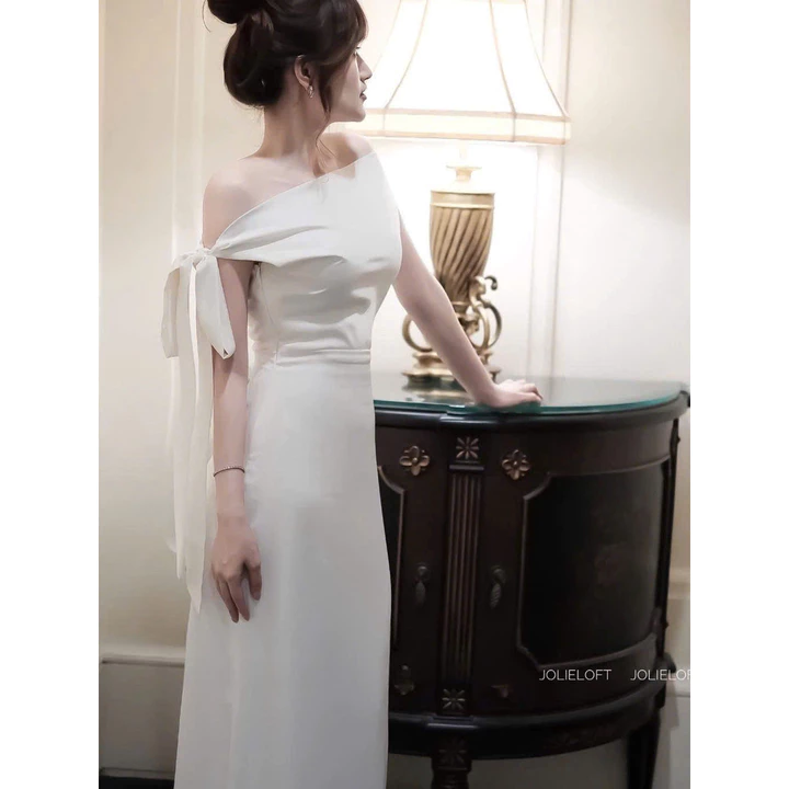 Đầm Lụa Dự Tiệc Trễ Vai Phối Nơ Lệch Vai Lụa Hàn NV684 Váy Lụa Đầm Dự Tiệc Cưới Lệch Vai Dây Thắt Được Nhiều Kiểu