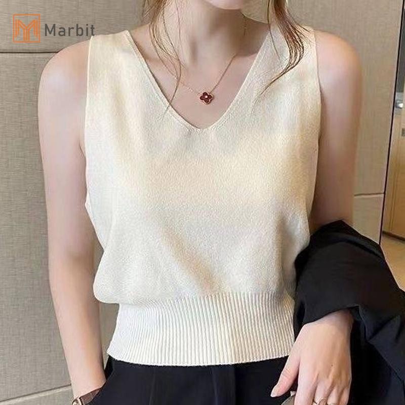 Marbit Pháp Màu Trơn Cổ Chữ V Không Tay Đơn Giản Dệt Kim Áo Vest Nữ Mới