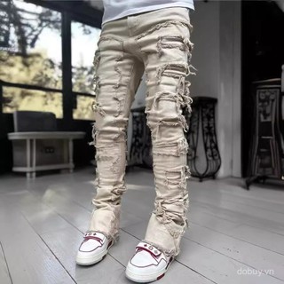 Quần ống đứng denim nam mới xuyên biên giới thời trang đường phố Âu Mỹ quần ống đứng denim vá co giãn mẫu hot Instagram