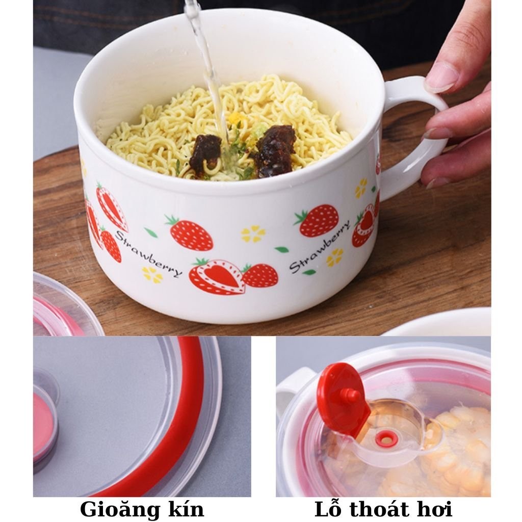 Bát sứ ăn mỳ kèm nắp nhựa có tay cầm Tô sứ pha mỳ chất liệu chịu nhiệt hoạ tiết đáng yêu