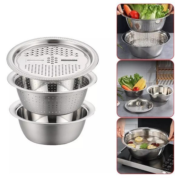 Bộ nạo rau củ 3 món bào Nhật Bản, Rổ nạo rau củ kiêm rổ và chậu inox cao cấp đa năng,tiện lợi
