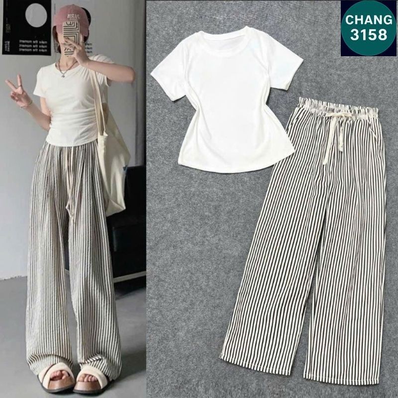 Sét Bộ Quần Ống Rộng Kẻ Sọc + Mix Áo Croptop Tăm Trơn dáng bassic-CHANG 3158