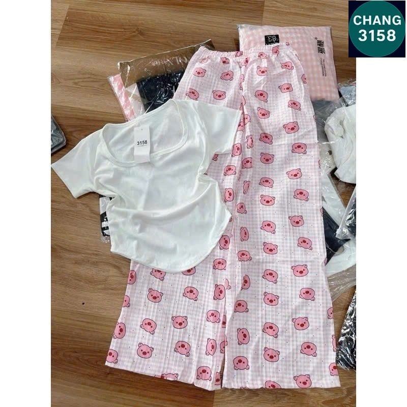 Sét bộ quần heo Hồng + mix áo croptop trơn tăm lạnh-CHANG 3158