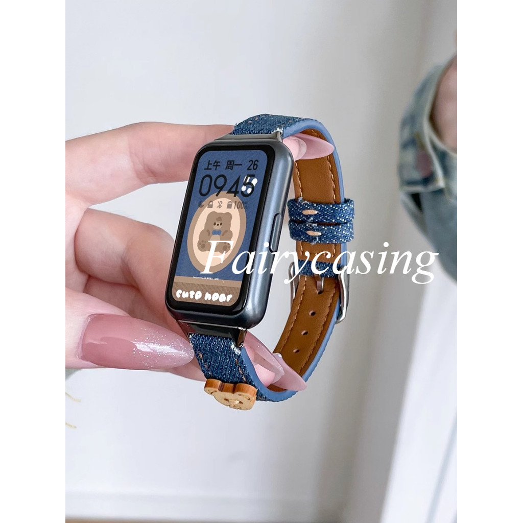 Dây đeo đồng hồ cao bồi gấu nhỏ dễ thương cho Huawei Band 11 Pro 10 9 8 Dây đeo đồng hồ Denim cho Honor Band 9 Vòng đeo tay thay thế