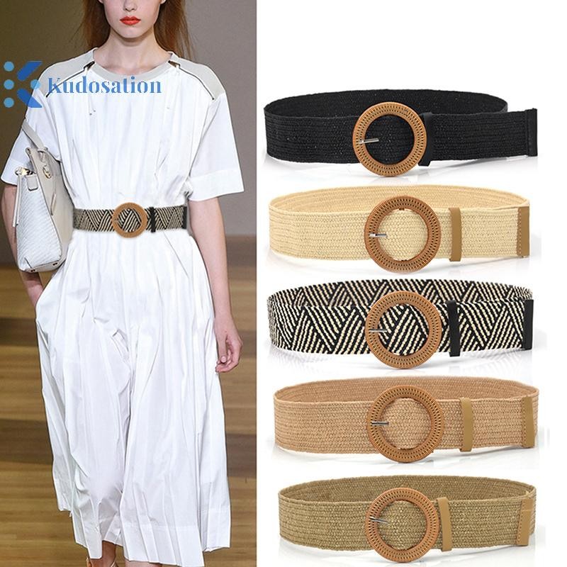 Kudosation Mùa Hè Nữ Thắt Lưng Co Giãn Khóa Tròn Vintage Boho Rơm Dệt Thắt Lưng Đầm