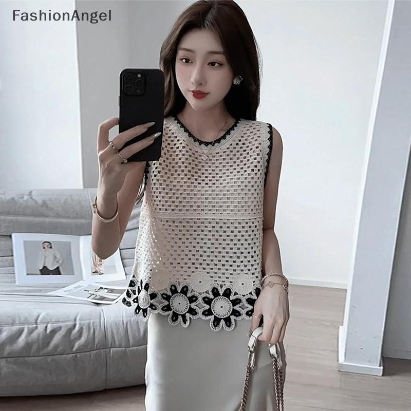 FashionAngel Mùa Hè Retro Hoa Rỗng Thêu Cổ Tròn Không Tay Rời Dệt Kim Áo Vest Nữ VN