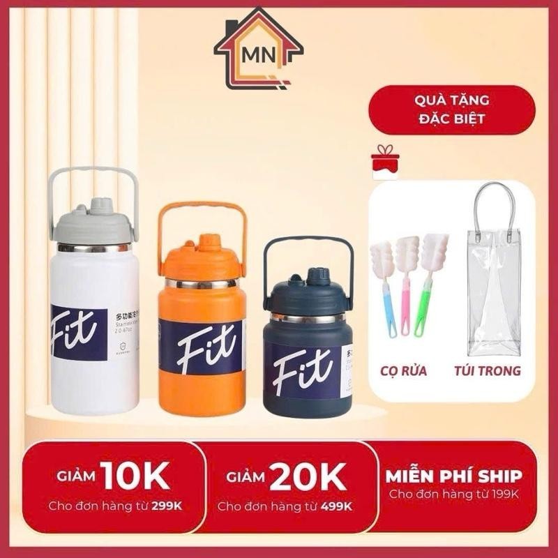 Bình giữ nhiệt dung tích lớn FIT/2000ml/1500ml miệng rộng dáng lùn trên nắp có ống hút tặng túi+cọ rửa