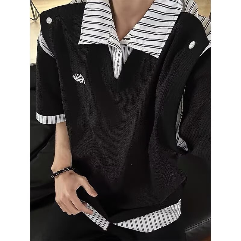 CN Áo thun nam tay ngắn kiểu Mỹ Retro giả hai mảnh khâu áo polo dáng rộng