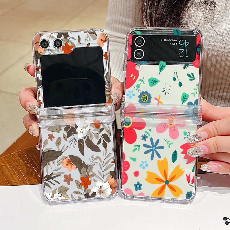 Hoa Lãng Mạn Họa Tiết Hoa Trong Suốt Vỏ Điện Thoại Cho Samsung Galaxy Z Flip 6 Flip 5 Flip 4 5G Full Bản Lề Cứng PC Gấp Dành Cho Samsung Z Flip 6 5 4 3