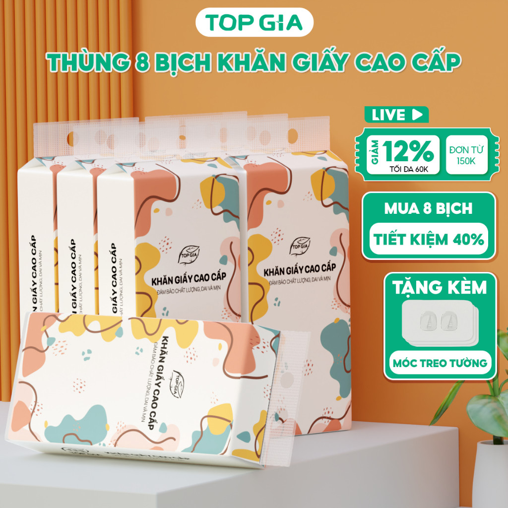 Thùng 6 bịch khăn giấy rút Top Gia treo tường đa sắc 1280 tờ, được dập vân 4D, siêu dai và mềm mịn