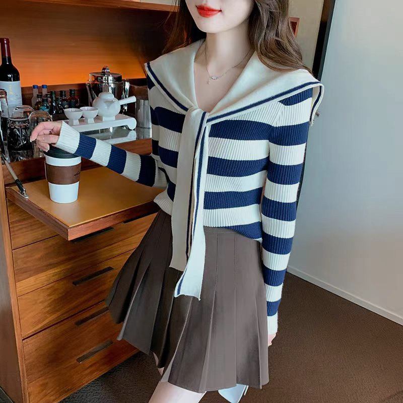 Suxi Pháp Retro Sọc Thu Đông Mới Áo Len Dệt Kim Dài Tay Áo Len Nữ 241118