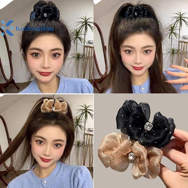 Kudosation Thanh Lịch Kim Cương Giả Bong Bóng Lưới Hai Mặt Nơ Đuôi Ngựa Vuốt Tóc Cho Nữ Phụ Kiện Tóc