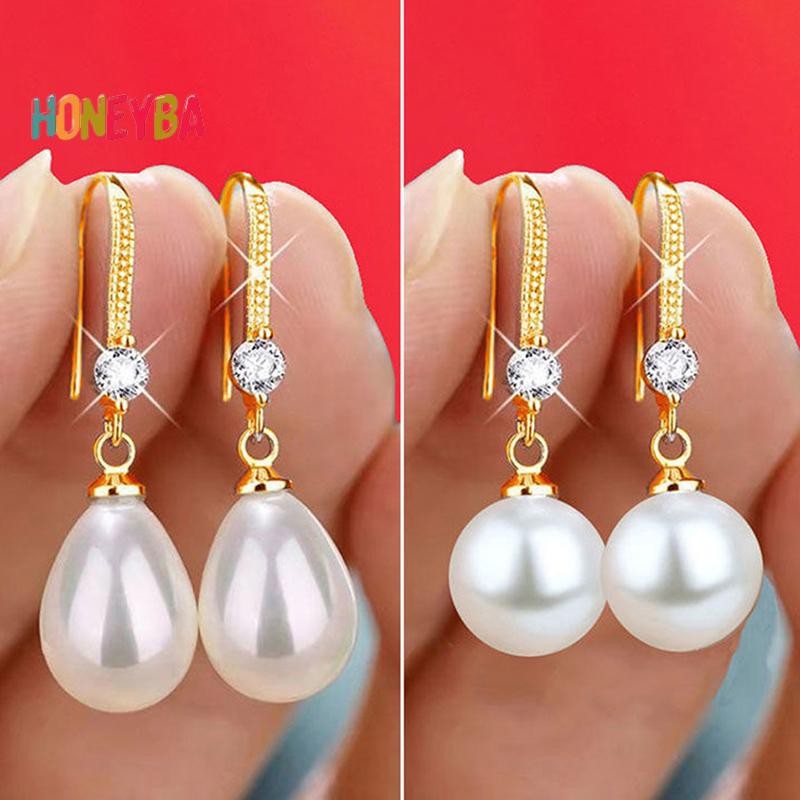 < Honeyba > Trang Sức Cho Nữ Bông Tai Ngọc Trai Giọt Nước Cho Nữ Đỏ Trắng Tròn Ngọc Trai Hình Bầu Dục Bông Tai Cưới Đính Hôn Valenes Ngày Quà Tặng