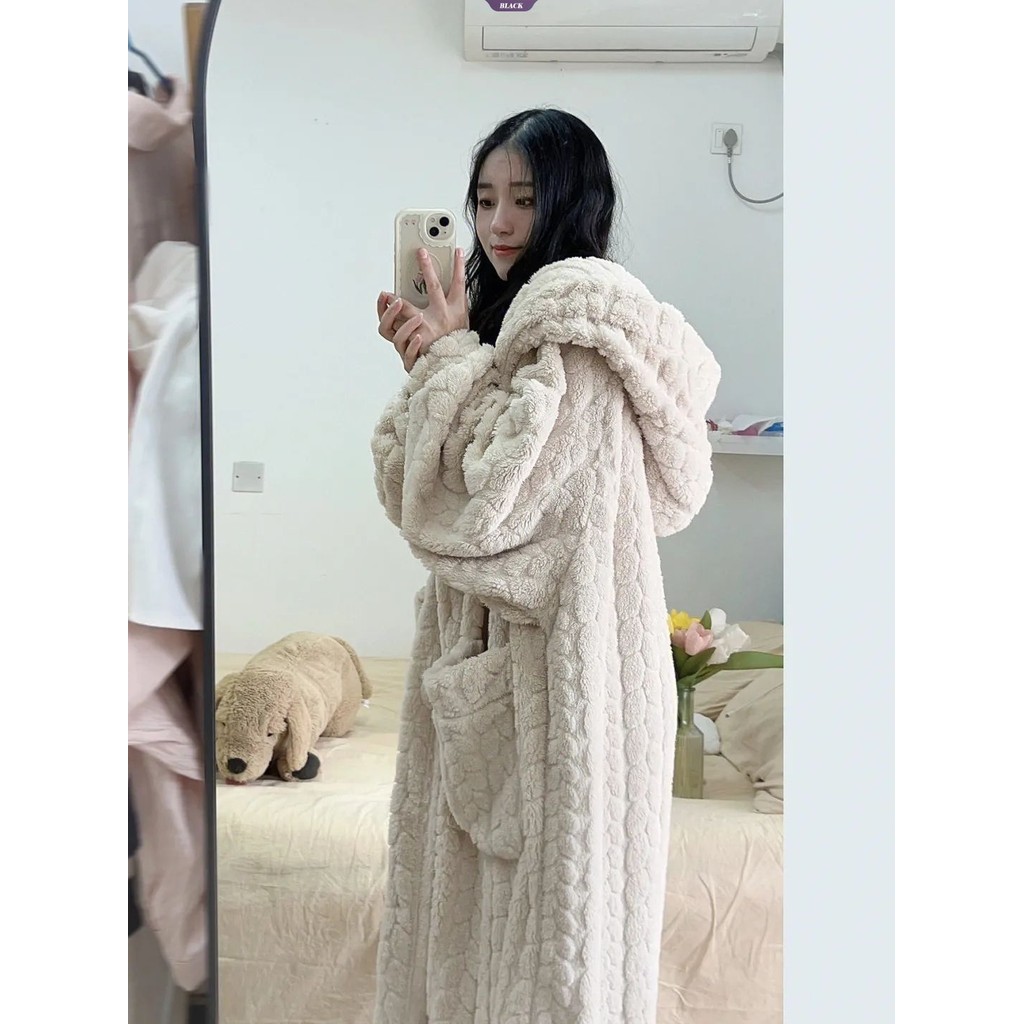 Bộ Đồ Ngủ Lông Cừu San Hô Dễ Thương Nữ Mùa Đông Đệm Dày Ấm Có Mũ Trùm Đầu Học Sinh Rời Mặc Ở Nhà Áo Có Thể Mặc Bên Ngoài [BL]