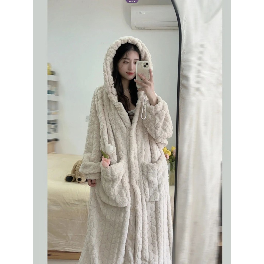 Bộ Đồ Ngủ Lông Cừu San Hô Dễ Thương Nữ Mùa Đông Đệm Dày Ấm Có Mũ Trùm Đầu Học Sinh Rời Mặc Ở Nhà Áo Có Thể Mặc Bên Ngoài [BL]